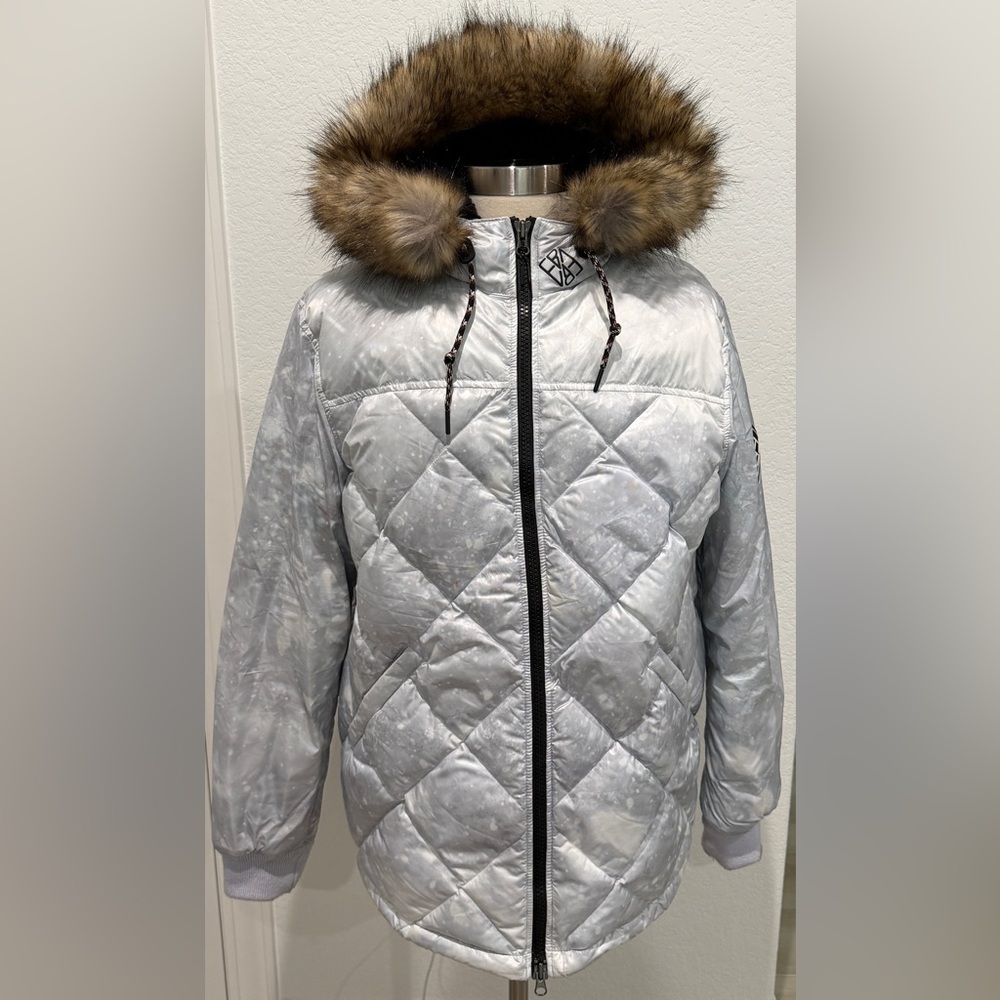 Eddie Bauer Metallic Gray Puffer with Faux Fur Hood